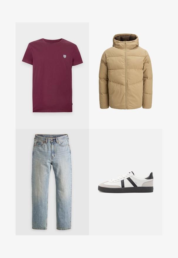 Bežová puffrová bunda s kapucňou, vybavená predným zipsom, prešívanými panelmi a hladkou textúrou. Interiér je tmavo hnedý.; Burgundská bavlnená tričko s okrúhlym výstrihom a kratšími rukávmi. Obsahuje malú štítovú značku na hornej ľavej strane hrude. Hladká textúra.; Svetlomodré džínsy s vysokým pásom, predným gombíkom, zipsom a dizajnom s piatimi vreckami, rozložené na neutrálnom pozadí.; Biele tenisky s čiernymi a šedými akcentmi, s textúrovanou šedou špičkou, čiernou gumovou podrážkou a plochými bielymi šnúrkami. Čistý dizajn, minimalistický štýl.