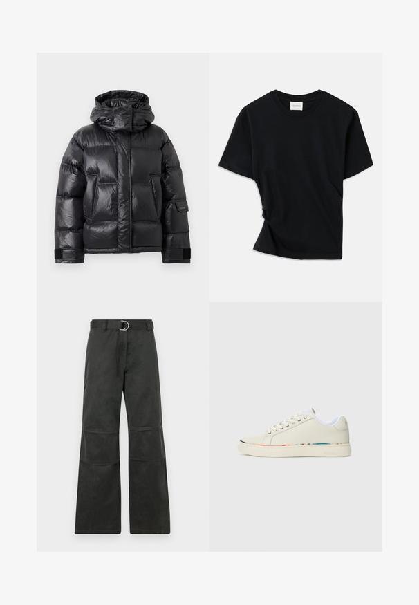 Doudoune noire brillante avec col haut et capuche, poches avant et straps ajustables en Velcro sur les manches.; T-shirt noir en coton doux, doté d'un col rond, de manches courtes et d'un design légèrement torsadé pour une coupe décontractée.; Pantalons noirs à jambe large avec une taille mi-haute, dotés d'une ceinture avec une boucle circulaire en argent et agrémentés de patchs aux genoux.; Baskets basses blanc cassé avec un système de laçage, doublure intérieure blanche et un liseré multicolore subtil le long du bord de la semelle, vue de côté.