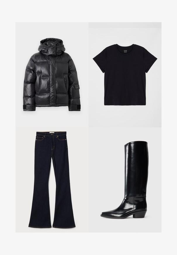 Black shiny puffer jacket with high collar and hood, front pockets, and adjustable Velcro straps on the sleeves.; Black short-sleeve t-shirt made of soft cotton. Classic round neck design with a simple, unembellished surface and a relaxed fit.; Dark blue flared jeans made of denim, featuring yellow stitching, front pockets, and a standard waistband with button closure.; Knee-high black patent leather boots with a pointed toe and a small stacked heel, featuring a smooth texture and minimal stitching.
