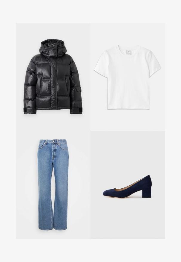 Crni sjajni zimski kaput s visokim ovratnikom i kapuljačom, prednjim džepovima i podesivim čičak trakama na rukavima.; Bijela pamučna majica s okruglim izrezom, kratkim rukavima i ravnim rubom. Oznaka označena "Won Hundred" nalazi se na sredini dekoltea.; Svijetlosive traperice visokog struka sa ravnim, širokim nogavicama. Sadrže klasično šivanje traperica i pet džepova. Glatka tekstura.; Tamno plava suede salonka s šiljastim vrhom i blok petom srednje visine. Glatka tekstura s blagim sjajem i malim izrezom sprijeda.