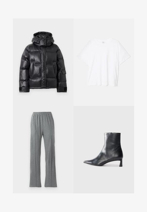 Fekete, fényes pufikabát magas gallérral és kapucnival, elülső zsebekkel és állítható tépőzáras pántokkal a ujjakon.; Fehér pamut póló rövid ujjal, kerek nyakkivágással, laza fazonnal és varrott szegéllyel. Címke látható a belső nyakrészén.; Szürke jogger nadrág, rugalmas derékkal, egyenes szárú szabással és diszkrét oldalsó varrásokkal. Puha, textúrált anyagból készült.; Fekete bőr bokacsizma hegyes orral és letisztult dizájnnal. Alacsony sarka és hátsó cipzáras záródása van. Simának tűnő textúra.