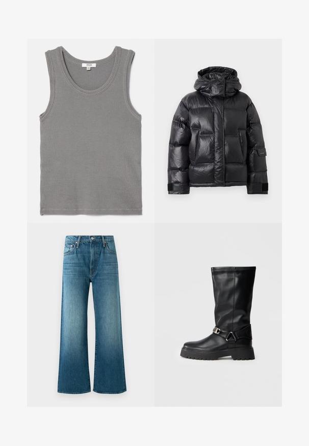 Czarna, błyszcząca kurtka puchowa z wysokim kołnierzem i kapturem, przednimi kieszeniami oraz regulowanymi rzepami na rękawach.; Szary prążkowany top na ramiączkach z okrągłym dekoltem i szerokimi wycięciami na ramionach. Materiał jest miękki, o subtelnej teksturze i wykończonych brzegach. Widoczna metka rozmiaru.; Niebieskie dżinsowe spodnie typu wide-leg z przetarciami, przednimi kieszeniami, szlufkami na pasek i zapięciem na guzik.; Czarne kozaki za kolano wykonane z gładkiej skóry, z akcentem w postaci klamry po boku oraz grubą, teksturowaną podeszwą zapewniającą przyczepność.
