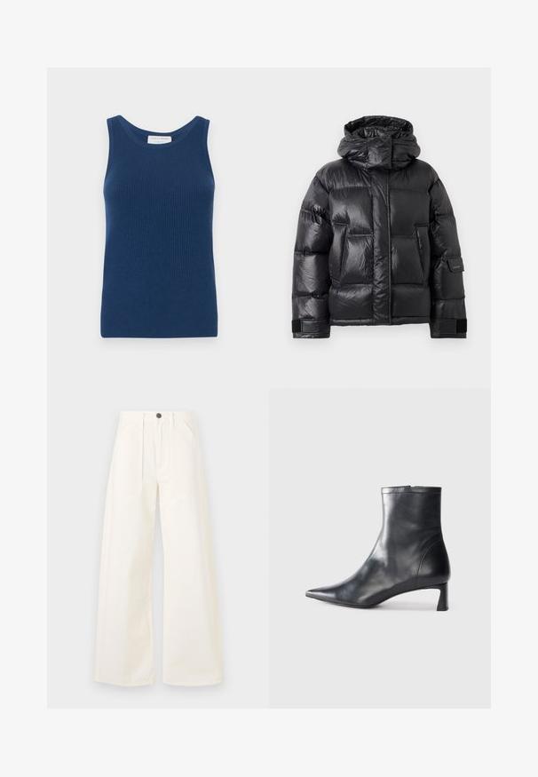 Must musta puffer jakk, millel on kõrge krae ja kapuuts, ees taskud ning reguleeritavad Velcro rihmad varrukatel.; Sinine sooniline tank top, millel on ümmargune kaelus ja varrukateta disain. Valmistatud pehmest kangast, millel on sile tekstuur. Silt "Tiger of Sweden."; Laiene jalad off-white puuvillast riidest, millel on kõrge vöökoht, kaks esimest taskut ja üks esisnõel. ; Mustad mustall nahkasaabas terava nina ja stiilse disainiga. Omab madalat konts ja luku sulgemist taga. Sile tekstuur.