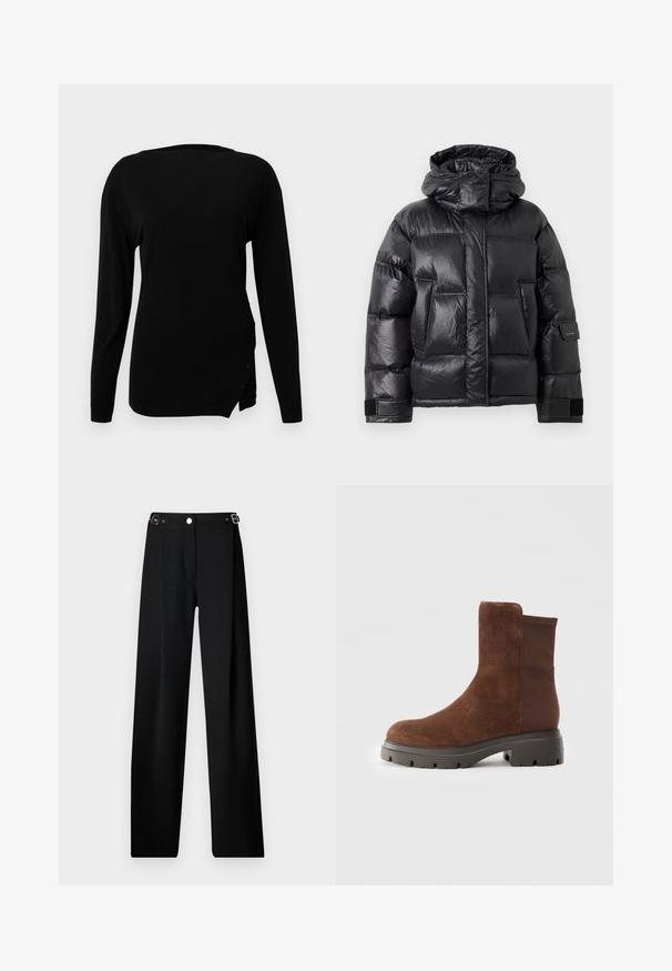 Črna sijajna pufasta jakna z visokim ovratnikom in kapuco, sprednjimi žepi ter nastavljivimi Velcro trakovi na rokavih.; Črn dolgrokavnik iz gladkega blaga. Ima okroglo ovratnico, subtilen stranski razporek ter okrasne gumbe na robu.; Široke črne hlače iz teksturirane tkanine, z pasom s srebrnimi dodatki in gumbom za zapiranje.; Rjave antilopne gležnjarje z elastičnimi stranskimi paneli, zaobljenim nosom in debelim gumijastim podplatom, ki ima teksturiran vzorec.