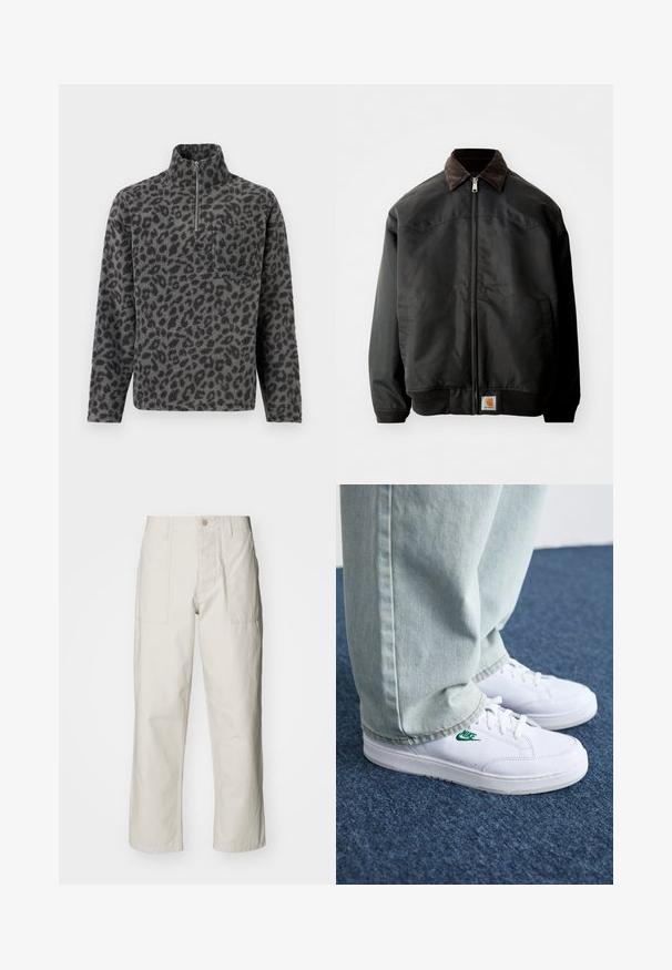 Zwarte bomberjack met een rits, een bruin corduroy kraag, elastische manchetten en zoom, voorzien van een vierkante logo patch aan de onderzijde van de voorkant.; Grijze fleece pullover met zwart luipaardpatroon, voorzien van een ritskraag en een borstzak aan de linkerkant. Zachte textuur, lange mouwen, relaxte pasvorm.; Lichtbeige wijde broek van katoen. Voorzien van steekzakken en een knoopsluiting. Glad textuur met subtiele verticale lijnen.; Witte leren sneakers met groen Nike-logo, ronde neus, platte zool, gedragen met lichtblauwe denim broek, weergegeven op een blauwe vloerkleed.