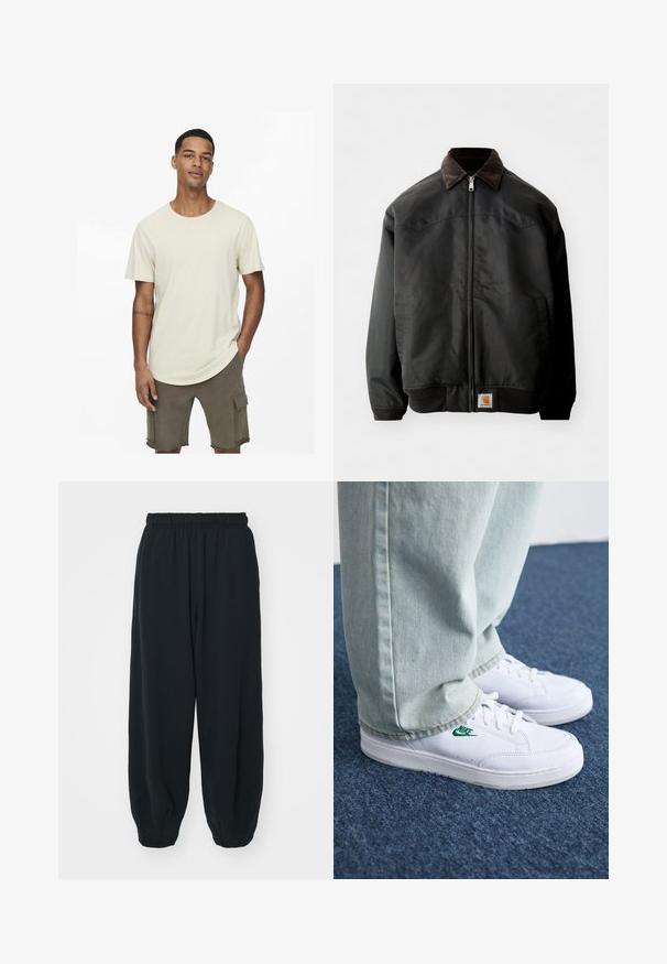 Black bomber jacket with a zip closure, brown corduroy collar, elastic cuffs, and hem, featuring a square logo patch at the lower front.; Beige cotton t-shirt with a round neck, short sleeves, and a relaxed fit. Paired with olive green cargo shorts featuring pockets.; Black, elasticated-waist sweatpants with a loose fit, cuffed ankles, smooth texture, and no visible patterns or hardware accents.; White leather sneakers with green Nike logo, round toe, flat sole, paired with light blue denim pants, shown on a blue carpet.