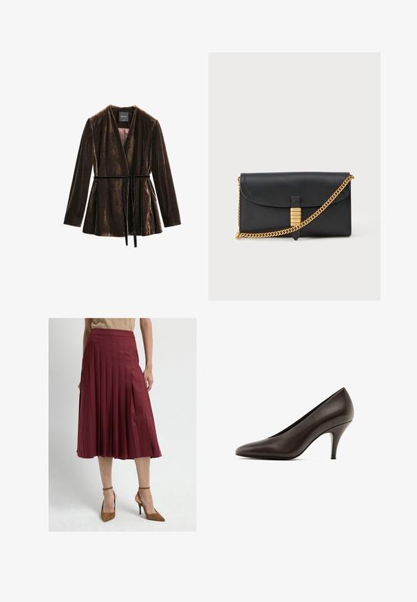 Brun fløjlsjakke med lange ærmer, v-hals og matchende stofbælte. Glat tekstur med subtil glans.; Brunt stof med en blød tekstur, med synlige syninger og en cirkulær logomærke, delvist skjult af stoffoldninger.; Bordeaux farvet plisseret midi-nederdel med høj talje, der har en glat tekstur og flydende form, parret med brune højhælede sko.; Brune læder høje hæle pumps med spids tå, slank silhuet og en slank, let metallisk hæl. Glat tekstur, minimale accenter.; Sort læderclutch med fold-over klap, guldkæde, og en dekorativ guldfinish med hævede bogstaver, glat tekstur.