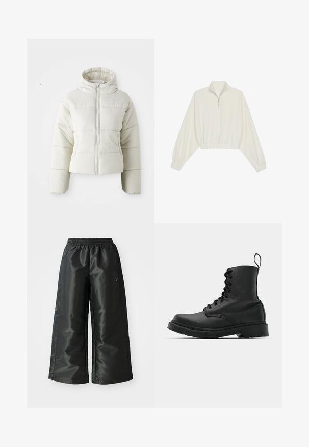 Hvit avkortet pufferjakke med hette, frontlukking med glidelås, sydde paneler, og en liten logo på brystet. Glatt, polstret tekstur.; Kort genser i kremfarget stoff, med høy krage, halv glidelås, elastisk nederste kant og mansjetter, med en glatt tekstur og minimalistisk design.; Svarte treningsbukser med en blank, glatt stoff, som har et elastisk liv, vide ben og en liten logo på venstre side.; Svart lær militærstøvel med rund tå, snøring foran og en løftestropp ved ankelen. Har en tykk gummisåle for holdbarhet.