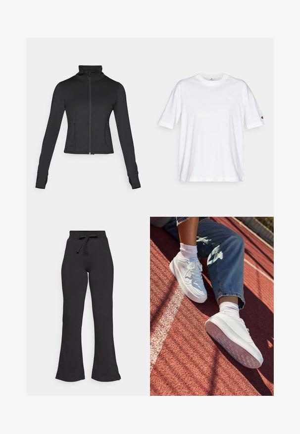 Mustan korkean kauluksen, pitkien hihojen ja etutaskujen kanssa varustettu vetoketjullinen takki. Valmistettu sileästä, venyvästä kankaasta, joka on muotoilultaan istuva.; Valkoinen puuvillapaita, jossa on pyöreä pääntie, lyhyet hihat ja pieni logo vasemmassa rinnassa. Ominaisuuksiin kuuluu rento istuvuus ja tasavärinen muotoilu.; Mustat viistot kultapöksyt, jotka on valmistettu pehmeästä kankaasta, ja joissa on nyöri vyötäröllä ja sileä pinta. Suunniteltu mukavuutta ja helppokäyttöisyyttä varten.; Valkoiset nahkasneakerit, joissa on rei'itetty varvasosa, litteät nauhat ja kumipohja. Yhdistetty valkoisiin sukkiin ja vaaleansinisiin farkkuihin, punaisella juoksuradoilla.