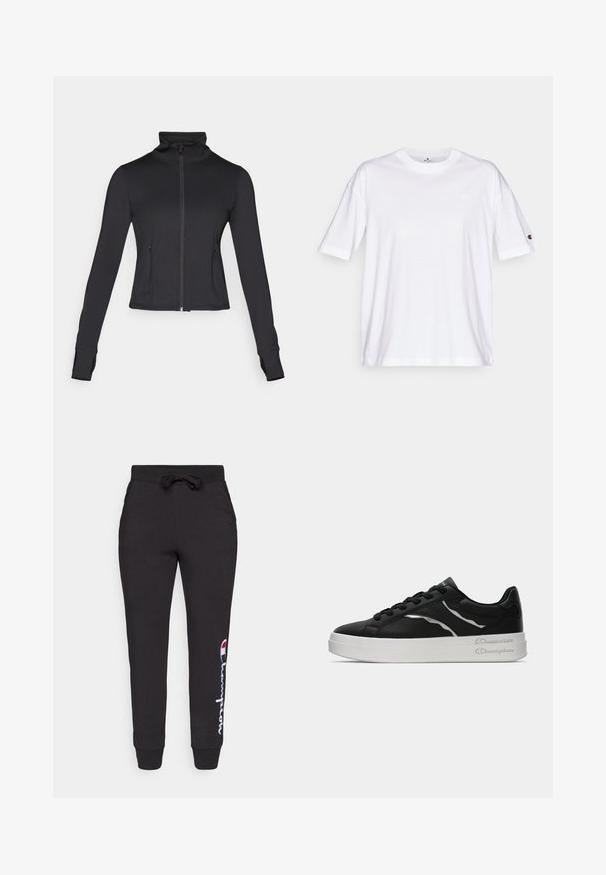 Melna zip-up jaka ar augstu apkakli, garām piedurknēm un priekšējām kabatām. Izgatavota no gluda, elastīga auduma ar pieguļošu dizainu.; Balts kokvilnas T-krekls ar apaļu kakla izgriezumu, īsām piedurknēm un mazu logo kreisajā krūtī. Iezīmējas ar brīvu piegriezumu un viendabīgu krāsu.; Melni sporta bikses no mīksta auduma, ar auklu vidukli un ribotām kājām, ar baltu un sarkanu "Champion" logo sānos.; Melnas ādas tenisu kurpes ar baltu zoli, ar plānām sudraba akcentu un auklu dizainu. Gluda tekstūra ar zīmola detaļām uz papēža.