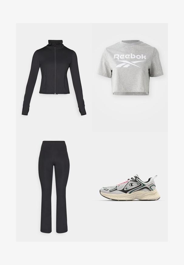 Jachetă neagră cu fermoar, cu guler înalt, mâneci lungi și buzunare frontale. Confectionată dintr-un material neted și elastic, cu un design ajustat.; Tricou scurt gri din bumbac, cu guler rotund și mâneci scurte, având inscripția și logo-ul alb "Reebok" imprimate pe față.; Champion PERFORMANCE FLARE LEGGINS - Leggings - black; Adidași sport cu un superior din plasă gri și alb, accente negre, o talpă masivă crem și elemente de design roz și teal.