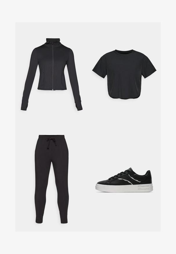 Melna zip-up jaka ar augstu apkakli, garām piedurknēm un priekšējām kabatām. Izgatavota no gluda, elastīga auduma ar pieguļošu dizainu.; Melna īsā T-krekls, izgatavots no mīkstas auduma, ar apaļu kakla izgriezumu, īsām piedurknēm un brīvu piegriezumu. Diskrēti šuvju elementi.; Melnas sporta bikses no mīksta auduma, ar elastīgu jostasvīru un šņorēm, sašaurinātām kājām un sānu šuvēm.; Melnas ādas tenisu kurpes ar baltu zoli, ar plānām sudraba akcentu un auklu dizainu. Gluda tekstūra ar zīmola detaļām uz papēža.