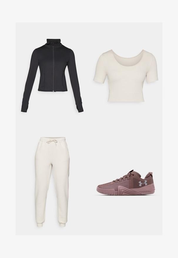 Black zip-up jacket with a high collar, long sleeves, and front pockets. Made from a smooth, stretchy fabric with a fitted design.; Short-sleeve, cropped top in light beige ribbed fabric. Features a wide scoop neckline and a snug fit, emphasizing a smooth texture.; Light beige sweatpants made of soft fabric, featuring an elastic waistband with drawstring, side pockets, and tapered cuffs at the ankles.; Dark pink athletic shoes with textured mesh upper, rubber sole, and pronounced grip pattern; features logo on side and padded collar.