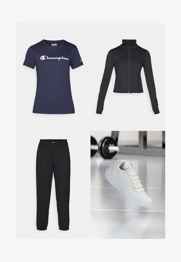 Juoda užtrauktuku užsegama striukė su aukštu apykakle, ilgomis rankovėmis ir priekinėmis kišenėmis. Pagaminta iš lygaus, tamprių audinio su prigludusia forma.; Tamsiai mėlyna medvilninė marškinėliai su trumpomis rankovėmis, su balta "Champion" logotipu. Įprastas pritaikymas, apvalus kaklas ir minkšta tekstūra.; Champion C-TECH CUFFED PANTS INTERLOCK - Treningo apatinė dalis - black; Balti sportiniai batai su tekstūruota tinklelio viršutine dalimi ir raištelių sistema, turintys paminkštintą baltą pado ir subtilius įdubimus.