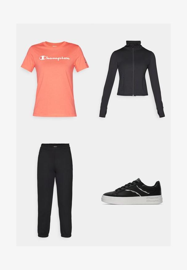 Svart zip-up jakke med høy krage, lange ermer og frontlommer. Laget av et glatt, elastisk stoff med en tettsittende design.; Champion ICONS CREWNECK CONTRAST LOGO - T-shirts med print - coral; Champion C-TECH CUFFED PANTS INTERLOCK - Joggebukse - black; Sorte lærersneakers med hvit såle, med tynne sølvdetaljer og snøring. Glatt tekstur med merkevaredetaljering på hælen.