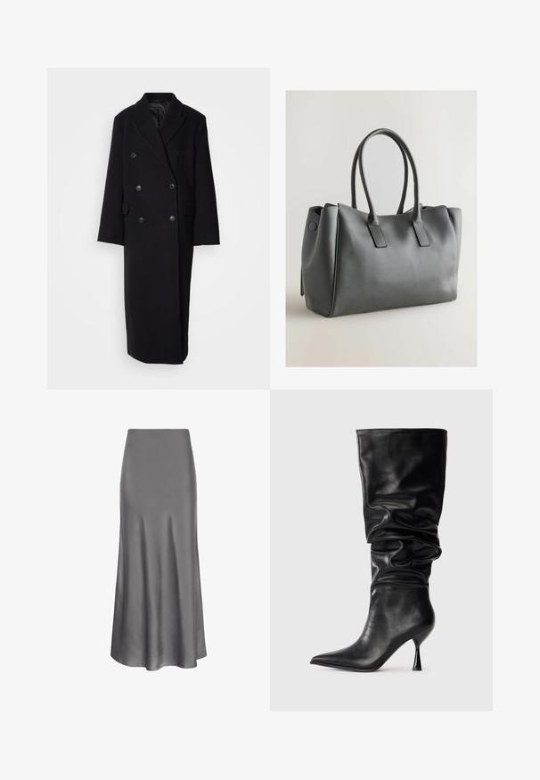 Schwarzer, doppelt geknöpfter Wollmantel mit Reverskragen, zwei vorderen Taschen und großen Knopfverschlüssen, mit einem langen, geraden Schnitt.; Set aus fünf Crop-Tops: schwarz, dunkelbraun, olivgrün, beige mit weißen Streifen und weiß. Aus geripptem Stoff, nahtloses Design, elastische Passform.; Moves HEBRY - Maxirock - castlerock; Schwarze Lederstiefel bis zum Knie mit einem lässigen Design, spitzem Zehenbereich und dünnem Stiletto-Absatz. Sie verfügen über eine glatte Textur und minimale Akzente.; Graue Lederhandtasche mit doppelten Griffen, rechteckiger Form, glatter Textur und minimalistischem Design. Verfügt über flache Seitenpaneele und subtile Nähte.