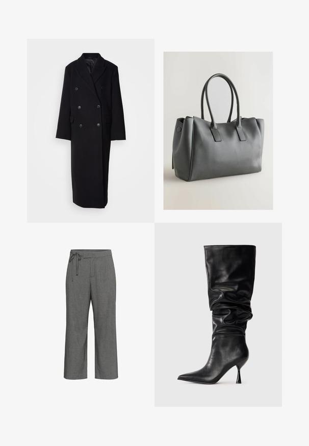 Čierny dvojradový vlnený kabát s vystrihnutým golierom, dvoma prednými vreckami a veľkými gombíkmi, s dlhým, rovný strihom.; Sada piatich crop topov: čierny, tmavo hnedý, olivový, béžový s bielymi pruhmi a biely. Vyrobené z rebrovanej tkaniny, bezšvový dizajn, pružný strih.; Šedé široké nohavice s jemným pruhovaným vzorom, vysoký pás a detail viazania na opasku.; Čierne kožené čižmy po kolená s voľným strihom, so špicatou špičkou a tenkým podpätkom typu stiletto, s hladkým povrchom a minimálnymi akcentmi.; Sivá kožená kabelka s dvojitými uchami, obdĺžnikový tvar, hladká textúra a minimalistický dizajn. Obsahuje ploché bočné panely a jemné švy.