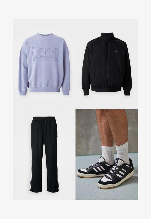 Giacca nera con zip e colletto alto, realizzata in materiale leggero. Presenta polsini e vita elastici, con un piccolo logo in alto a sinistra.; Felpa viola realizzata in tessuto morbido con testo ricamato "VERTERE" e "BERLIN". Polsini e scollatura a costine con vestibilità rilassata.; Pantaloni da allenamento neri con elastico in vita, dotati di bande laterali bianche e un piccolo logo. Il materiale sembra morbido e leggero.; Sneaker bianco e nero con tomaia in suede e pelle, caratterizzati da tre strisce bianche, punta perforata e suola in gomma naturale.
