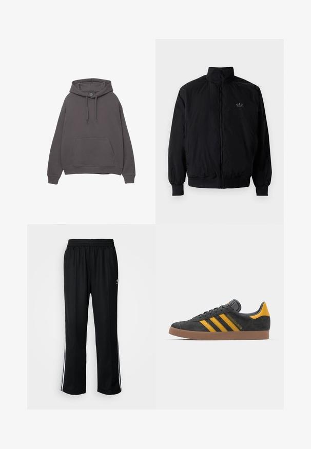 Sort lynlåsjakke med høj krave, fremstillet af letvægtsmateriale. Har elastiske manchetter og talje, med et lille logo på øverste venstre side.; Grå bomulds-hoodie med en frontlomme, justerbar snøre til hætten, ribbede manchetter og kant. Enkel design, blød tekstur og afslappet pasform.; Sorte træningsbukser med elastisk talje, der har hvide sidestænger og et lille logo. Materialet ser blødt og let ud.; Sort suedet sneaker med gule accenter, der har tre striber og en brun gummisål. Inkluderer en polstret tunge for komfort.