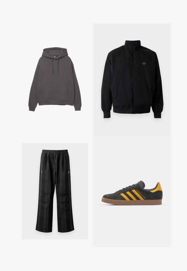 Schwarze Jacke mit Reißverschluss und hohem Kragen, aus leichtem Material gefertigt. Verfügt über elastische Bündchen und einen elastischen Saum, mit einem kleinen Logo oben links.; Grau Baumwollhoodie mit einer Fronttasche, verstellbarem Kordelzug, gerippten Bündchen und Saum. Einfaches Design, weicher Stoff und lockere Passform.; Schwarze karierte Hosen mit elastischem Bund, zwei Fronttaschen und lockerer Passform im geraden Beinschnitt. Hergestellt aus leichtem Material.; Schwarze Wildledersneaker mit gelben Akzenten, ausgestattet mit drei Streifen und einer braunen Gummisohle. Enthält eine gepolsterte Zunge für zusätzlichen Komfort.