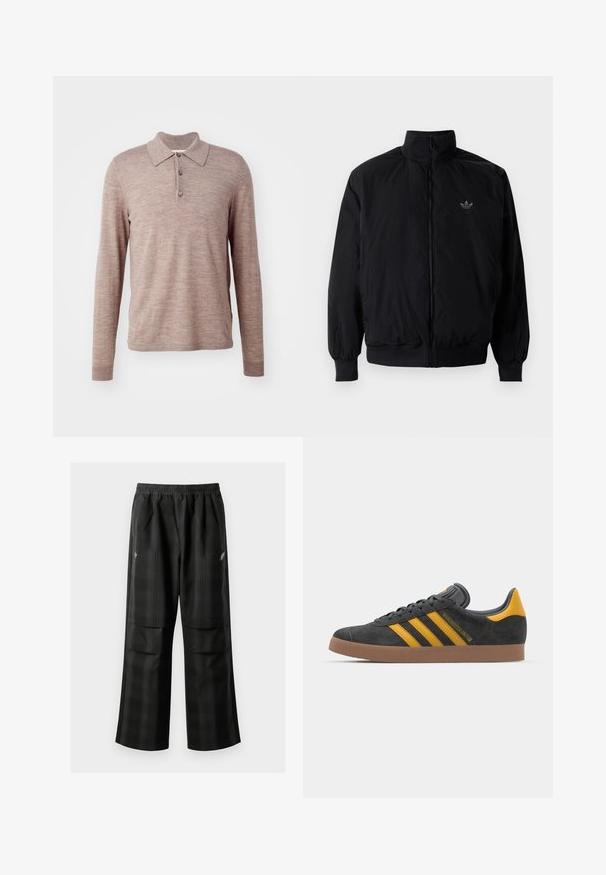 Black zipped jacket with high collar, made of lightweight material. Features elastic cuffs and waistband, with a small logo on the upper left.; Brown long-sleeve polo shirt made from soft fabric, featuring a collar, three buttons, and ribbed cuffs, with a smooth texture and subtle pattern.; Black plaid pants featuring an elastic waistband, two front pockets, and a loose fit with a straight leg design. Made from lightweight material.; Black suede sneaker with yellow accents, featuring three stripes and a brown rubber sole. Includes a padded tongue for comfort.