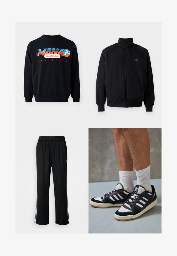 Black zipped jacket with high collar, made of lightweight material. Features elastic cuffs and waistband, with a small logo on the upper left.; Black sweatshirt with blue and orange "MANASTASH SPORTSWEAR" logo and a stylized running figure on the chest.; Black athletic pants with an elastic waistband, featuring white side stripes and a small logo. Material appears soft and lightweight.; Black and white sneakers with a suede and leather upper, featuring three white stripes, a perforated toe, and a gum rubber sole.