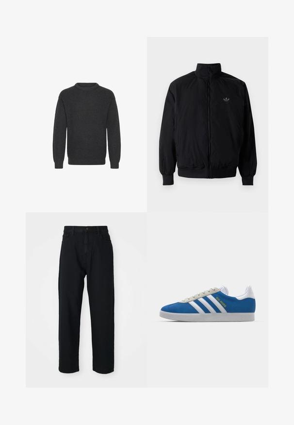 Black zipped jacket with high collar, made of lightweight material. Features elastic cuffs and waistband, with a small logo on the upper left.; Dark gray, ribbed knit sweater with a crew neckline, long sleeves, and a relaxed fit, featuring a textured surface throughout.; Black denim pants with a straight-leg cut. Features classic five-pocket design, button closure, and subtle fabric texture.; adidas Originals ADIDAS GAZELLE SHOES - Indoor football boots - real madrid/bluebird/footwear white/crew yellow