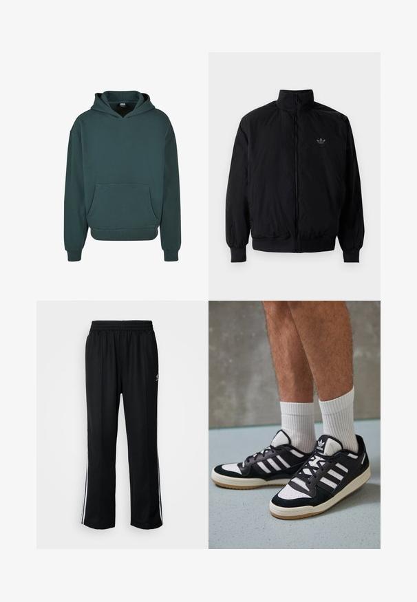 Crna jakna na zip s visokim ovratnikom, izrađena od laganog materijala. Ima elastične manžete i pojas, s malim logotipom na gornjem lijevom dijelu.; Zelena majica s kapuljačom izrađena od mekog materijala, s kenguruh dzepom, opuštenom kroju, rebrastim manžetama i rubom, te dvostruko podstavljenom kapuljačom.; Crne sportske hlače s elastičnom trakom oko struka, s bijelim bočnim prugama i malim logotipom. Materijal izgleda mekan i lagan.; Crne i bijele tenisice s gornjim dijelom od antilopa i kože, s tri bijele pruge, perforiranim prstom i gumiranim potplatom.