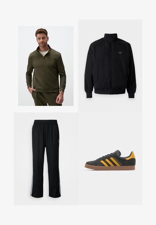 Schwarze Jacke mit Reißverschluss und hohem Kragen, aus leichtem Material gefertigt. Verfügt über elastische Bündchen und einen elastischen Saum, mit einem kleinen Logo oben links.; Olivgrüner Sweatshirt mit einem halben Reißverschluss-Kragen, aus glattem Stoff gefertigt, mit langen Ärmeln und lockerer Passform. Auffällige Nähdetails.; Schwarze Sporthosen mit elastischem Bund, ausgestattet mit weißen Seitenstreifen und einem kleinen Logo. Das Material wirkt weich und leicht.; Schwarze Wildledersneaker mit gelben Akzenten, ausgestattet mit drei Streifen und einer braunen Gummisohle. Enthält eine gepolsterte Zunge für zusätzlichen Komfort.