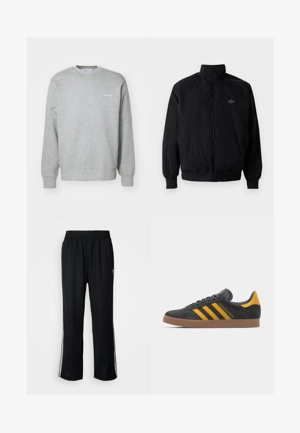 Schwarze Jacke mit Reißverschluss und hohem Kragen, aus leichtem Material gefertigt. Verfügt über elastische Bündchen und einen elastischen Saum, mit einem kleinen Logo oben links.; Grauer Baumwollpullover mit Rundhalsausschnitt, langen Ärmeln, gerippten Bündchen und einem kleinen weißen Logo auf der linken Brust. Weicher Stoff.; Schwarze Sporthosen mit elastischem Bund, ausgestattet mit weißen Seitenstreifen und einem kleinen Logo. Das Material wirkt weich und leicht.; Schwarze Wildledersneaker mit gelben Akzenten, ausgestattet mit drei Streifen und einer braunen Gummisohle. Enthält eine gepolsterte Zunge für zusätzlichen Komfort.