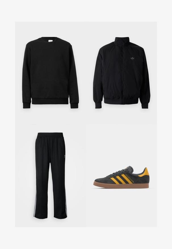 Giacca nera con zip e colletto alto, realizzata in materiale leggero. Presenta polsini e vita elastici, con un piccolo logo in alto a sinistra.; Felpa nera realizzata in tessuto misto cotone; presenta un collo rotondo, maniche lunghe e polsini e orlo a coste per una vestibilità aderente.; Pantaloni da allenamento neri con elastico in vita, dotati di bande laterali bianche e un piccolo logo. Il materiale sembra morbido e leggero.; Sneaker in suede nero con dettagli gialli, dotato di tre strisce e una suola in gomma marrone. Include una linguetta imbottita per il comfort.