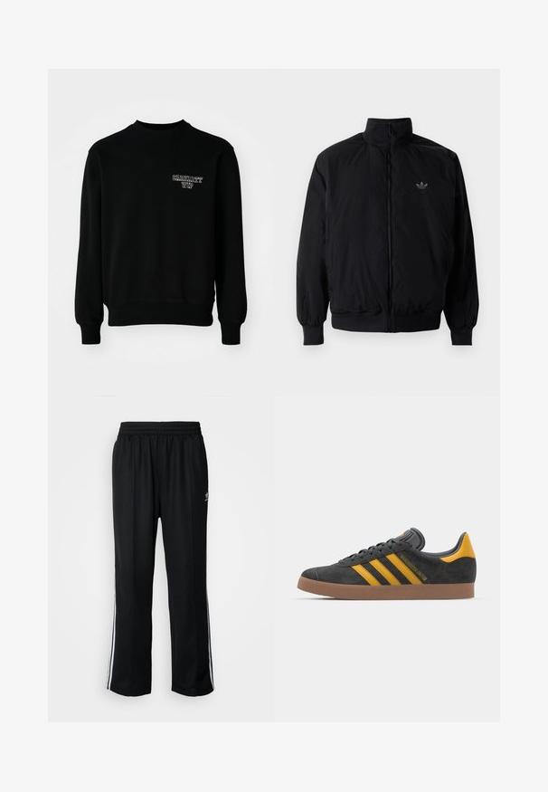 Czarna kurtka zapinana na zamek z wysokim kołnierzem, wykonana z lekkiego materiału. Posiada elastyczne mankiety i pas, oraz małe logo na górnej lewej stronie.; Czarna bluza z okrągłym dekoltem wykonana z mieszanki bawełny, z prążkowanymi mankietami i dołem, z małym białym haftowanym logo na piersi.; Czarne sportowe spodnie z elastycznym paskiem w talii, z białymi paskami po bokach i małym logo. Materiał wydaje się miękki i lekki.; Czarne zamszowe sneakersy z żółtymi akcentami, z trzema paskami i brązową gumową podeszwą. Posiadają wyściełany język dla większego komfortu.