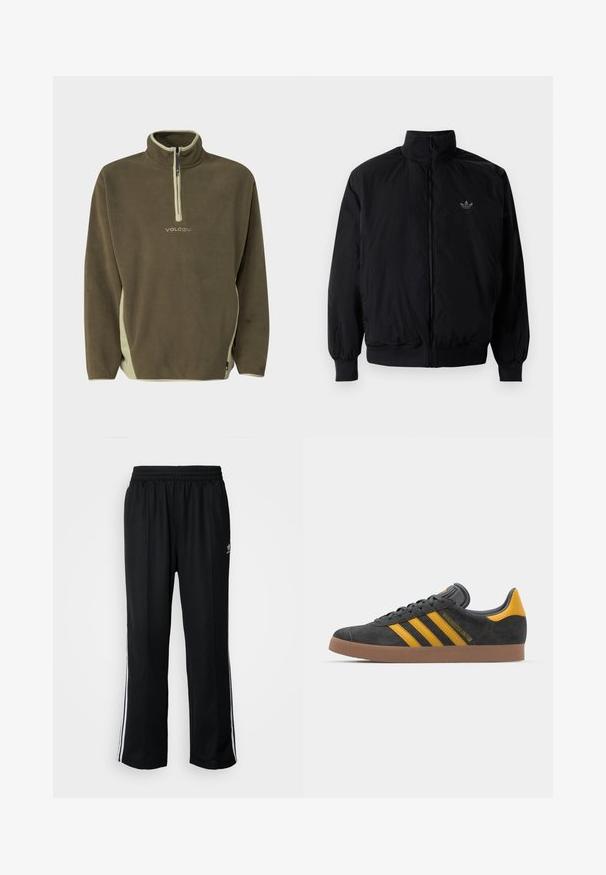 Black zipped jacket with high collar, made of lightweight material. Features elastic cuffs and waistband, with a small logo on the upper left.; Volcom ERROR MOCK NECK - Fleece jumper - winter moss; Black athletic pants with an elastic waistband, featuring white side stripes and a small logo. Material appears soft and lightweight.; Black suede sneaker with yellow accents, featuring three stripes and a brown rubber sole. Includes a padded tongue for comfort.