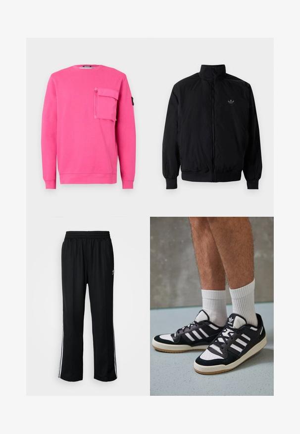 Sort lynlåsjakke med høj krave, fremstillet af letvægtsmateriale. Har elastiske manchetter og talje, med et lille logo på øverste venstre side.; Pink sweatshirt med rund hals, lange ærmer og en lynlåslomme på brystet. Lavet af blødt stof med en glat overflade.; Sorte træningsbukser med elastisk talje, der har hvide sidestænger og et lille logo. Materialet ser blødt og let ud.; Sorte og hvide sneakers med en overdel i ruskind og læder, der har tre hvide striber, en perforeret tå og en sål i gummigummi.