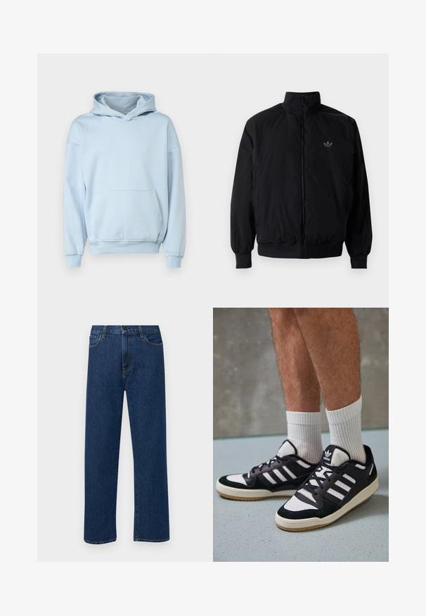 Black zipped jacket with high collar, made of lightweight material. Features elastic cuffs and waistband, with a small logo on the upper left.; Only & Sons ONSCONNOR - Hoodie - skyway; Dark blue straight-leg denim jeans with front pockets and a button closure, displayed on a plain white background.; Black and white sneakers with a suede and leather upper, featuring three white stripes, a perforated toe, and a gum rubber sole.