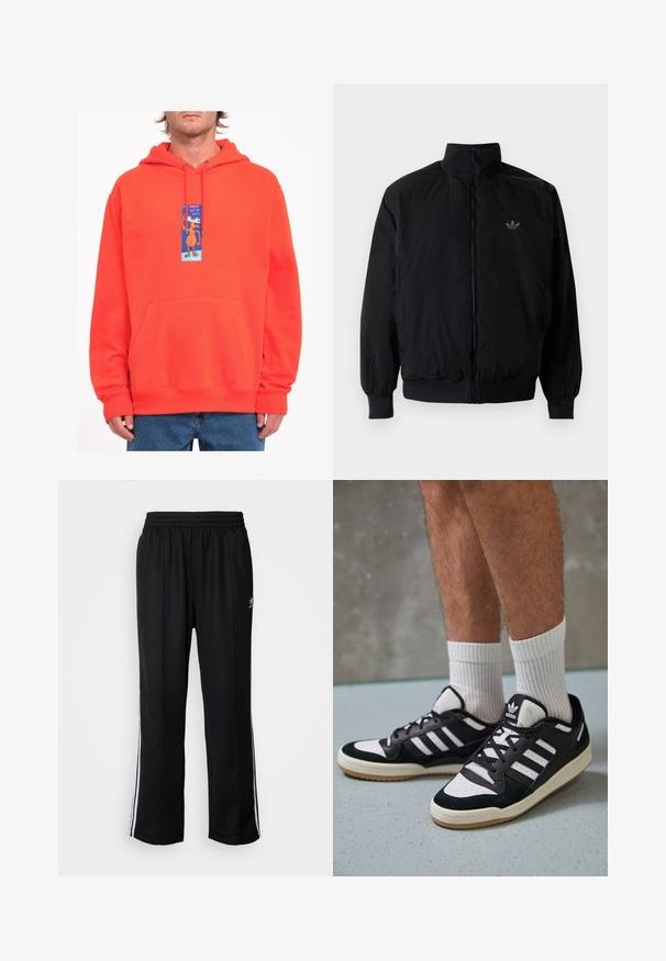 Black zipped jacket with high collar, made of lightweight material. Features elastic cuffs and waistband, with a small logo on the upper left.; Orange hoodie with a front kangaroo pocket, featuring a blue graphic label of a cartoon moose saying "moose out of life." Machine-knit texture.; Black athletic pants with an elastic waistband, featuring white side stripes and a small logo. Material appears soft and lightweight.; Black and white sneakers with a suede and leather upper, featuring three white stripes, a perforated toe, and a gum rubber sole.