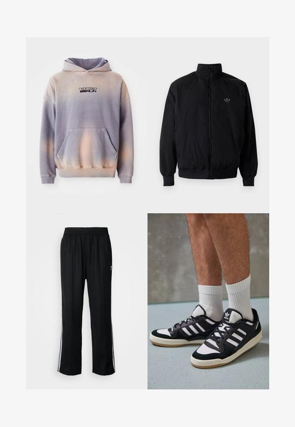 Svart zipjacka med hög krage, tillverkad av lätt material. Har elastiska cuffar och midja, med en liten logo på övre vänster.; Huvtröja i lila och persiko-gradient, tillverkad av mjukt tyg. Har en ficka fram och logodetaljer i svart på bröstet.; Svarta träningsbyxor med elastisk midja, med vita sidostreck och en liten logotyp. Materialet verkar mjukt och lätt.; Svartvita sneakers med ovandel i mocka och läder, med tre vita ränder, perforerad tå och sula av gummigummi.
