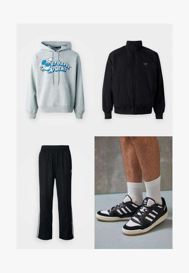 Schwarze Jacke mit Reißverschluss und hohem Kragen, aus leichtem Material gefertigt. Verfügt über elastische Bündchen und einen elastischen Saum, mit einem kleinen Logo oben links.; Grauer Baumwollhoodie mit Kapuze und Kordelzug, Fronttasche und einem blauen Grafikdesign, das Cartoon-ähnlichen Text und Charakter zeigt. Weicher Textil.; Schwarze Sporthosen mit elastischem Bund, ausgestattet mit weißen Seitenstreifen und einem kleinen Logo. Das Material wirkt weich und leicht.; Schwarz-weiße Sneaker mit einem Obermaterial aus Wildleder und Leder, ausgestattet mit drei weißen Streifen, einer perforierten Zehenpartie und einer Sohle aus Gummi.