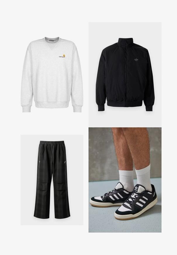 Black zipped jacket with high collar, made of lightweight material. Features elastic cuffs and waistband, with a small logo on the upper left.; Gray fleece sweatshirt with crew neck, ribbed cuffs and hem, featuring a small brown Carhartt logo on the left chest area.; Black plaid pants featuring an elastic waistband, two front pockets, and a loose fit with a straight leg design. Made from lightweight material.; Black and white sneakers with a suede and leather upper, featuring three white stripes, a perforated toe, and a gum rubber sole.