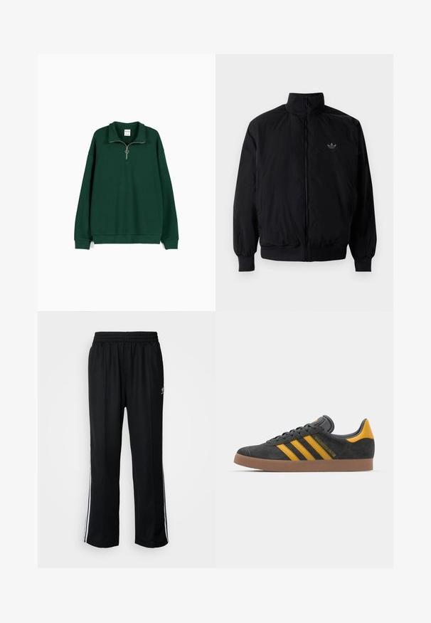 Čierna zips kombinéza s vysokým golierom, vyrobená z ľahkého materiálu. Obsahuje elastické manžety a pás, s malým logom na hornej ľavej strane.; Zelená mikina vyrobená z mäkkého, textúrovaného materiálu. Má zips na krku, dlhé rukávy a voľný strih s rebrovaným lemom.; Čierne športové nohavice s elastickým pásom, s bielymi bočnými prúžkami a malým logom. Materiál vyzerá byť mäkký a ľahký.; Čierne semišové tenisky so žltými akcentmi, ktoré majú tri pruhy a hnedú gumovú podrážku. Obsahujú vypolstrovaný jazyk pre pohodlie.