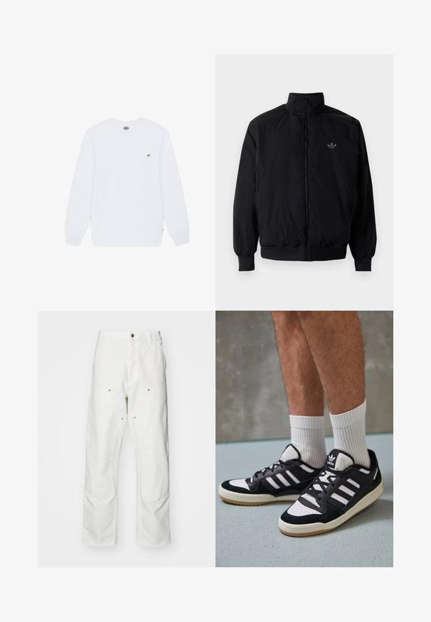 Svart zipjacka med hög krage, tillverkad av lätt material. Har elastiska cuffar och midja, med en liten logo på övre vänster.; Vit långärmad tröja med rundad halsringning, tillverkad av bomull, med en liten logotyp på bröstet och ribbade manschetter. Slät textur, inga mönster.; Vita bomullscargo Byxor med en avslappnad passform. Funktioner inkluderar framfickor, guld Accentdetaljer och förstärkta knäsektioner.; Svartvita sneakers med ovandel i mocka och läder, med tre vita ränder, perforerad tå och sula av gummigummi.