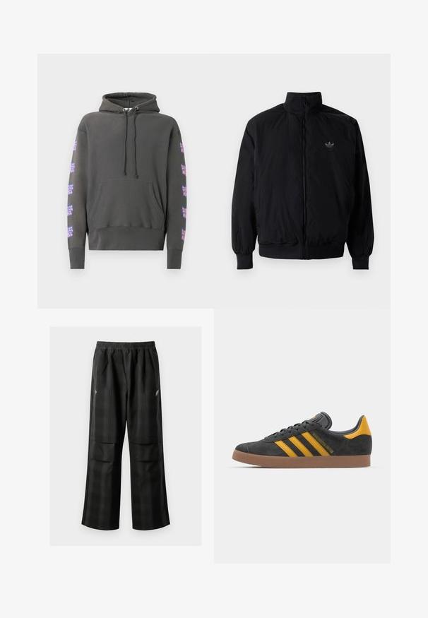 Giacca nera con zip e colletto alto, realizzata in materiale leggero. Presenta polsini e vita elastici, con un piccolo logo in alto a sinistra.; Felpa con cappuccio grigio scuro con maniche lunghe, tasca frontale, cappuccio con coulisse e motivi grafici colorati sulle maniche. Materiale in morbido cotone.; Pantaloni a quadri neri con vita elasticizzata, due tasche frontali e una vestibilità ampia con design a gamba dritta. Realizzati in materiale leggero.; Sneaker in suede nero con dettagli gialli, dotato di tre strisce e una suola in gomma marrone. Include una linguetta imbottita per il comfort.