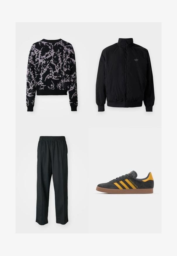 Giacca nera con zip e colletto alto, realizzata in materiale leggero. Presenta polsini e vita elastici, con un piccolo logo in alto a sinistra.; Maglione lavorato a maglia con una base nera e un motivo astratto viola. Ha maniche lunghe, scollatura rotonda e un orlo e polsini a costine.; Pantaloni sportivi neri con vita elastica, realizzati in tessuto liscio, con cuciture laterali sottili e un fit rilassato, design a gamba dritta.; Sneaker in suede nero con dettagli gialli, dotato di tre strisce e una suola in gomma marrone. Include una linguetta imbottita per il comfort.