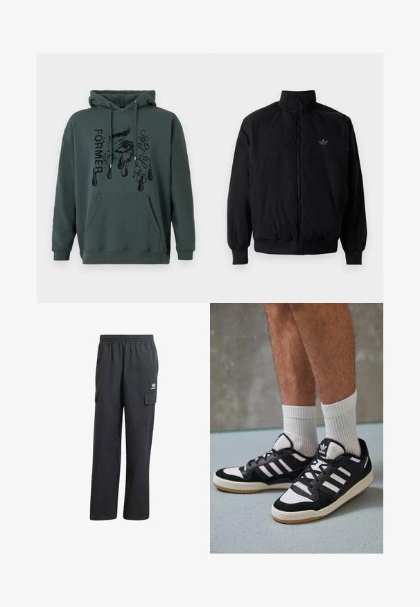 Black zipped jacket with high collar, made of lightweight material. Features elastic cuffs and waistband, with a small logo on the upper left.; Dark green hoodie made of soft fabric featuring a front pocket, drawstring hood, and graphic text with an eye design and teardrops.; Black cargo pants with an elastic waistband, two side pockets, and a subtle logo on the left thigh. Made from a lightweight fabric.; Black and white sneakers with a suede and leather upper, featuring three white stripes, a perforated toe, and a gum rubber sole.