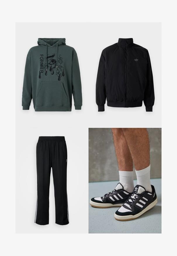 Black zipped jacket with high collar, made of lightweight material. Features elastic cuffs and waistband, with a small logo on the upper left.; Dark green hoodie made of soft fabric featuring a front pocket, drawstring hood, and graphic text with an eye design and teardrops.; Black athletic pants with an elastic waistband, featuring white side stripes and a small logo. Material appears soft and lightweight.; Black and white sneakers with a suede and leather upper, featuring three white stripes, a perforated toe, and a gum rubber sole.