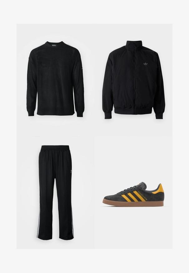 Black zipped jacket with high collar, made of lightweight material. Features elastic cuffs and waistband, with a small logo on the upper left.; Black knitted sweater with a round neckline, long sleeves, and ribbed cuffs. Features a textured pattern and relaxed fit.; Black athletic pants with an elastic waistband, featuring white side stripes and a small logo. Material appears soft and lightweight.; Black suede sneaker with yellow accents, featuring three stripes and a brown rubber sole. Includes a padded tongue for comfort.