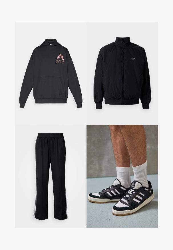 Schwarze Jacke mit Reißverschluss und hohem Kragen, aus leichtem Material gefertigt. Verfügt über elastische Bündchen und einen elastischen Saum, mit einem kleinen Logo oben links.; Schwarzer Kapuzenpullover aus weichem Stoff. Verfügt über ein pinkes geometrisches Grafikdesign auf der Brust und eine vordere Kängurutasche.; Schwarze Sporthosen mit elastischem Bund, ausgestattet mit weißen Seitenstreifen und einem kleinen Logo. Das Material wirkt weich und leicht.; Schwarz-weiße Sneaker mit einem Obermaterial aus Wildleder und Leder, ausgestattet mit drei weißen Streifen, einer perforierten Zehenpartie und einer Sohle aus Gummi.