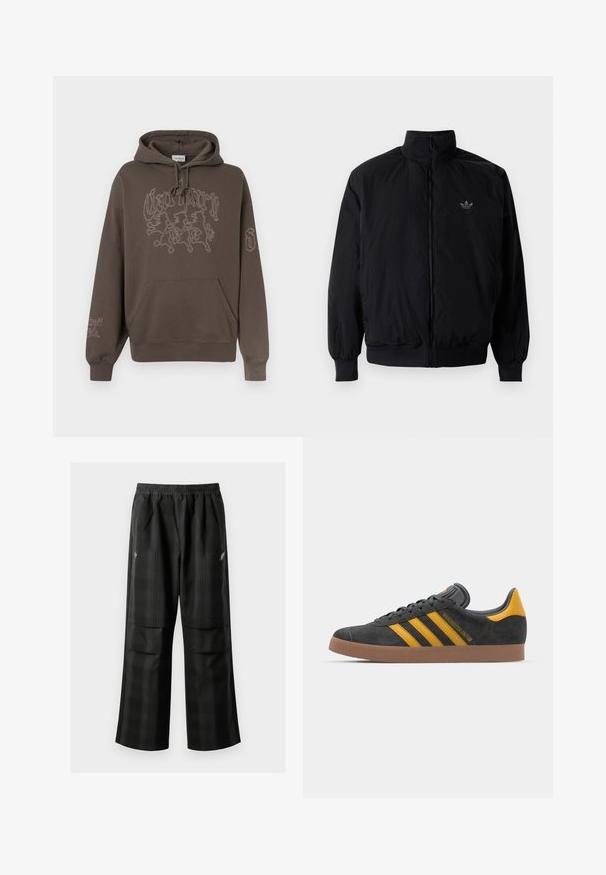 Crna jakna na zip s visokim ovratnikom, izrađena od laganog materijala. Ima elastične manžete i pojas, s malim logotipom na gornjem lijevom dijelu.; Smeđa majica s kapuljačom s prednjim džepom kanguro, vezanim grafičkim dizajnom na prednjoj strani i desnom rukavu te s vezicama na vratu.; Crne karirane hlače s elastičnom urezom, dva prednja džepa i ležernim krojem s ravnim nogavicama. Izrađene su od laganog materijala.; Crne nubuk tenisice s žutim detaljima, sa tri pruge i smešnim gumenim potplatom. Imaju jastučić na jeziku za udobnost.