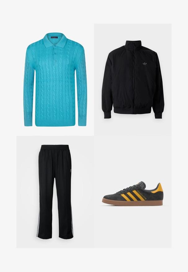 Sort lynlåsjakke med høj krave, fremstillet af letvægtsmateriale. Har elastiske manchetter og talje, med et lille logo på øverste venstre side.; Turkisblå strikket pullover med kabelmønster, ribbet manchetter og kant samt en klassisk polo-krave med to knapper.; Sorte træningsbukser med elastisk talje, der har hvide sidestænger og et lille logo. Materialet ser blødt og let ud.; Sort suedet sneaker med gule accenter, der har tre striber og en brun gummisål. Inkluderer en polstret tunge for komfort.