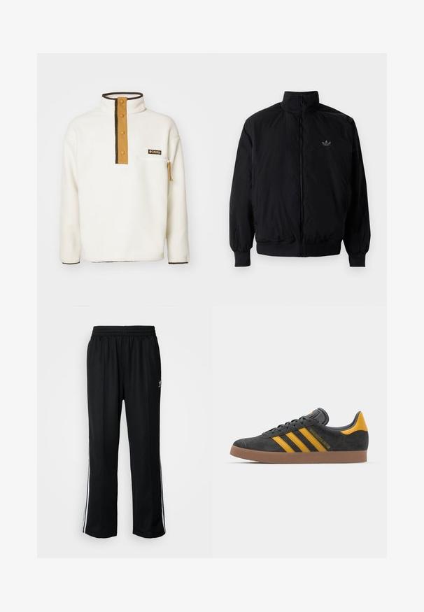 Black zipped jacket with high collar, made of lightweight material. Features elastic cuffs and waistband, with a small logo on the upper left.; Columbia HELVETIA HALF SNAP - Fleece jumper - chalk; Black athletic pants with an elastic waistband, featuring white side stripes and a small logo. Material appears soft and lightweight.; Black suede sneaker with yellow accents, featuring three stripes and a brown rubber sole. Includes a padded tongue for comfort.